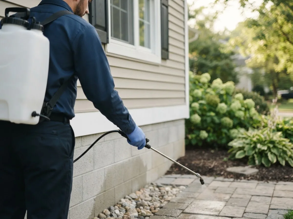 Pest control technician inspecting a home in Dowagiac, MI